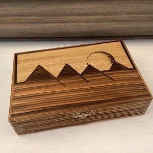 Bamboo Vintage Wooden Box Inlaid Landscape Brown Velvet Lining 8.75x6x2.25”